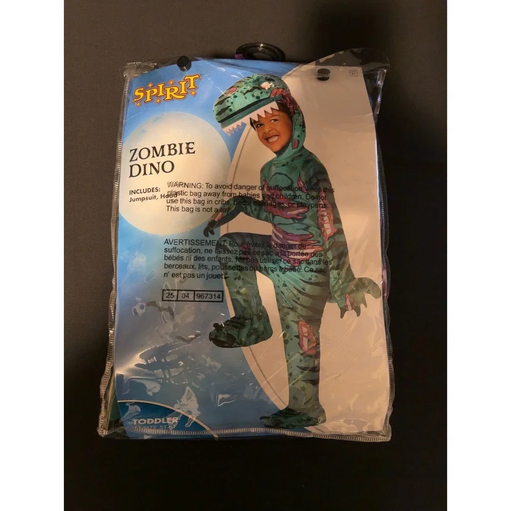 Spirit Halloween Zombie Dino Costume Toddler 5T-6T Complete Hood Storage Bag